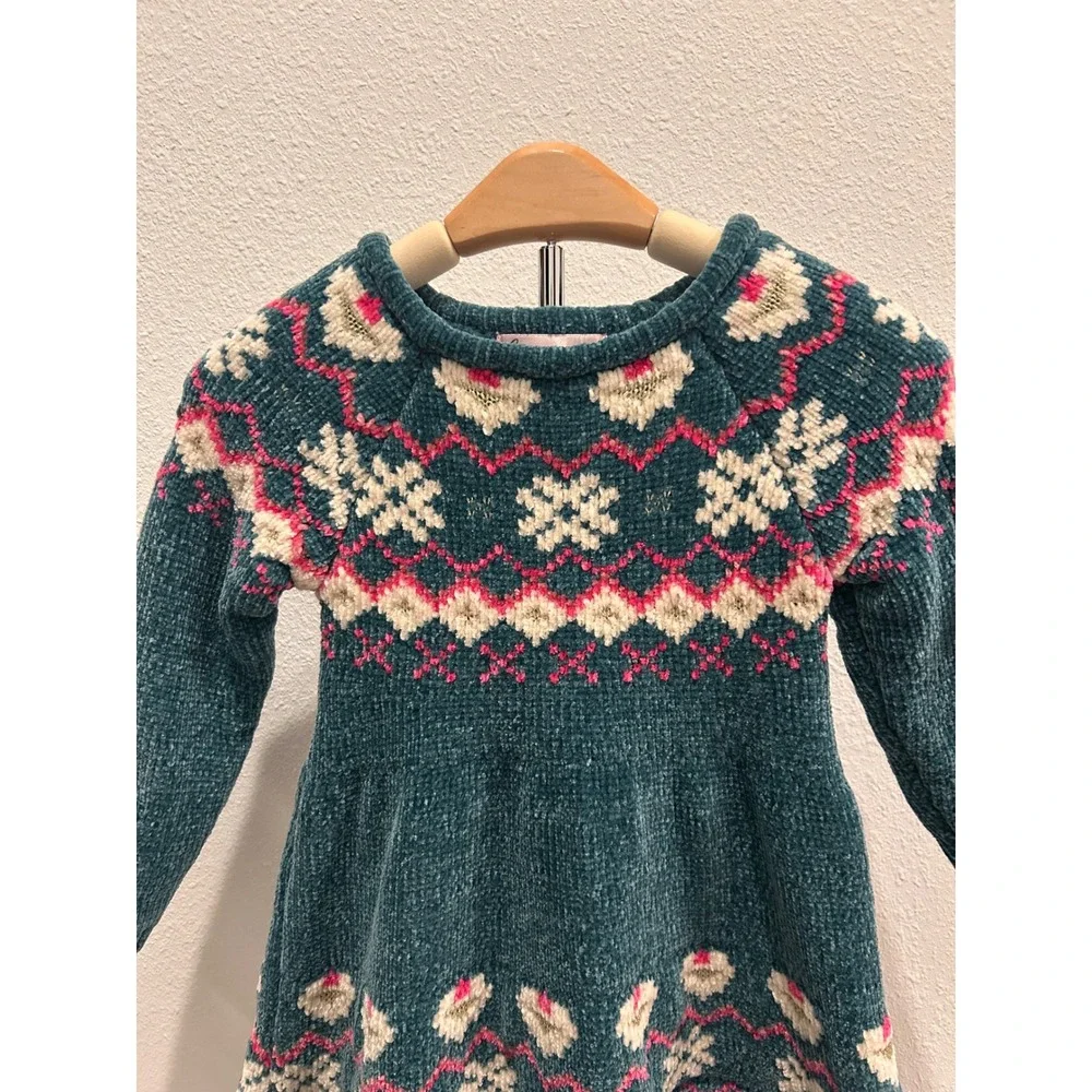 Girls Teal Fair Isle Snowflake Knit Sweater Dress Long Sleeve‎ Size 3T